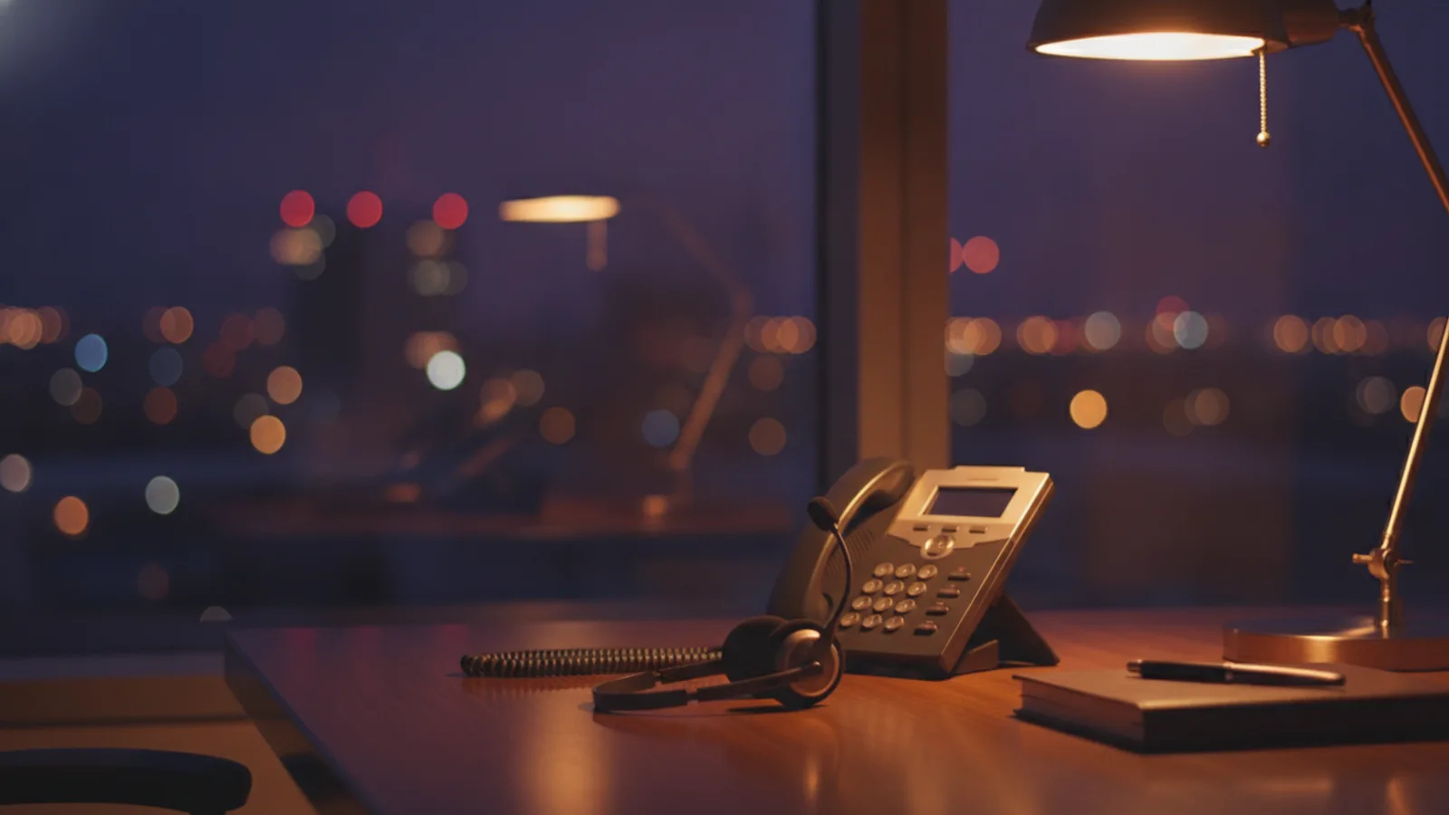 Ein Tischtelefon und Headset unter einer warmen Schreibtischlampe in der Nacht, Stadtlichter verschwommen im Fenster - ein Telefonservice bei der Arbeit um 3 Uhr morgens.