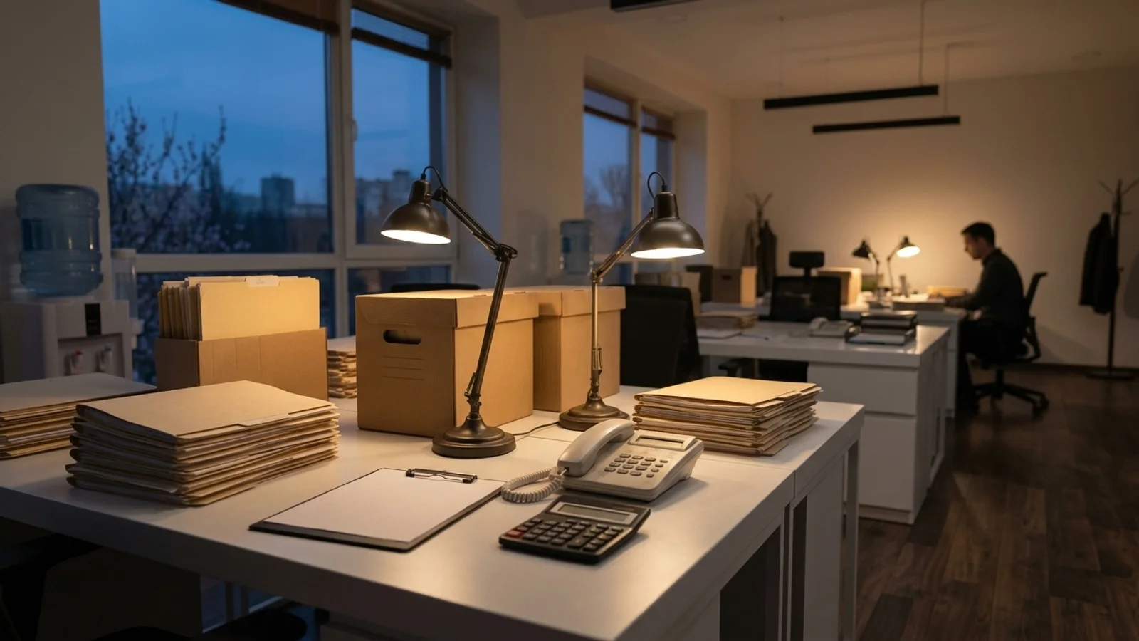 A small accounting office on an April evening, with stacks of manila folders and file boxes, a desk phone, a calculator and desk lamps, and one accountant working alone in the background