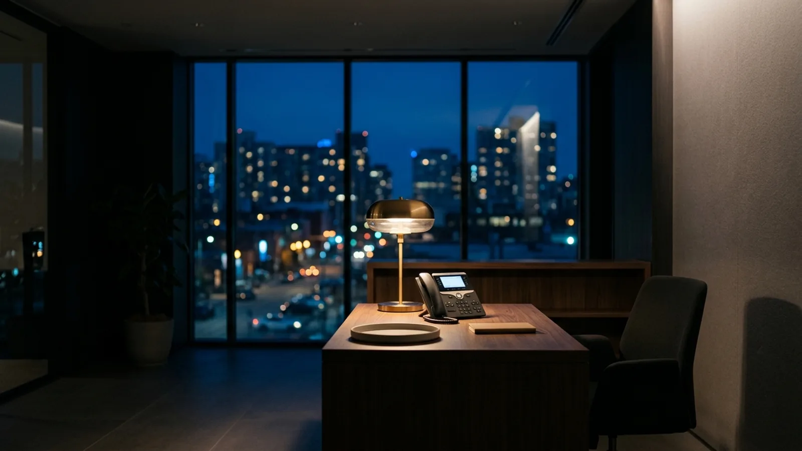 Ein Empfangstresen eines Kleinunternehmens bei Nacht, ein Telefon leuchtet unter einer warmen Lampe mit einer Stadtsilhouette in der blauen Stunde im Fenster dahinter