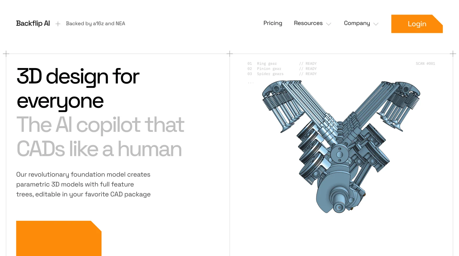 Backflip AI homepage: "3D design for everyone. The AI copilot that CADs like a human", with a render of a V-engine model