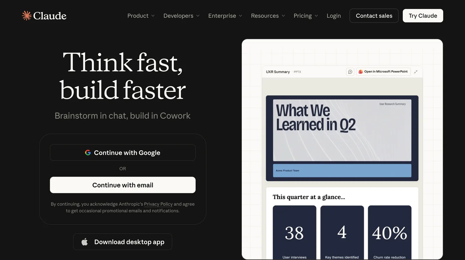 Claude homepage: "Think fast, build faster", with sign-in buttons and a preview of a generated document