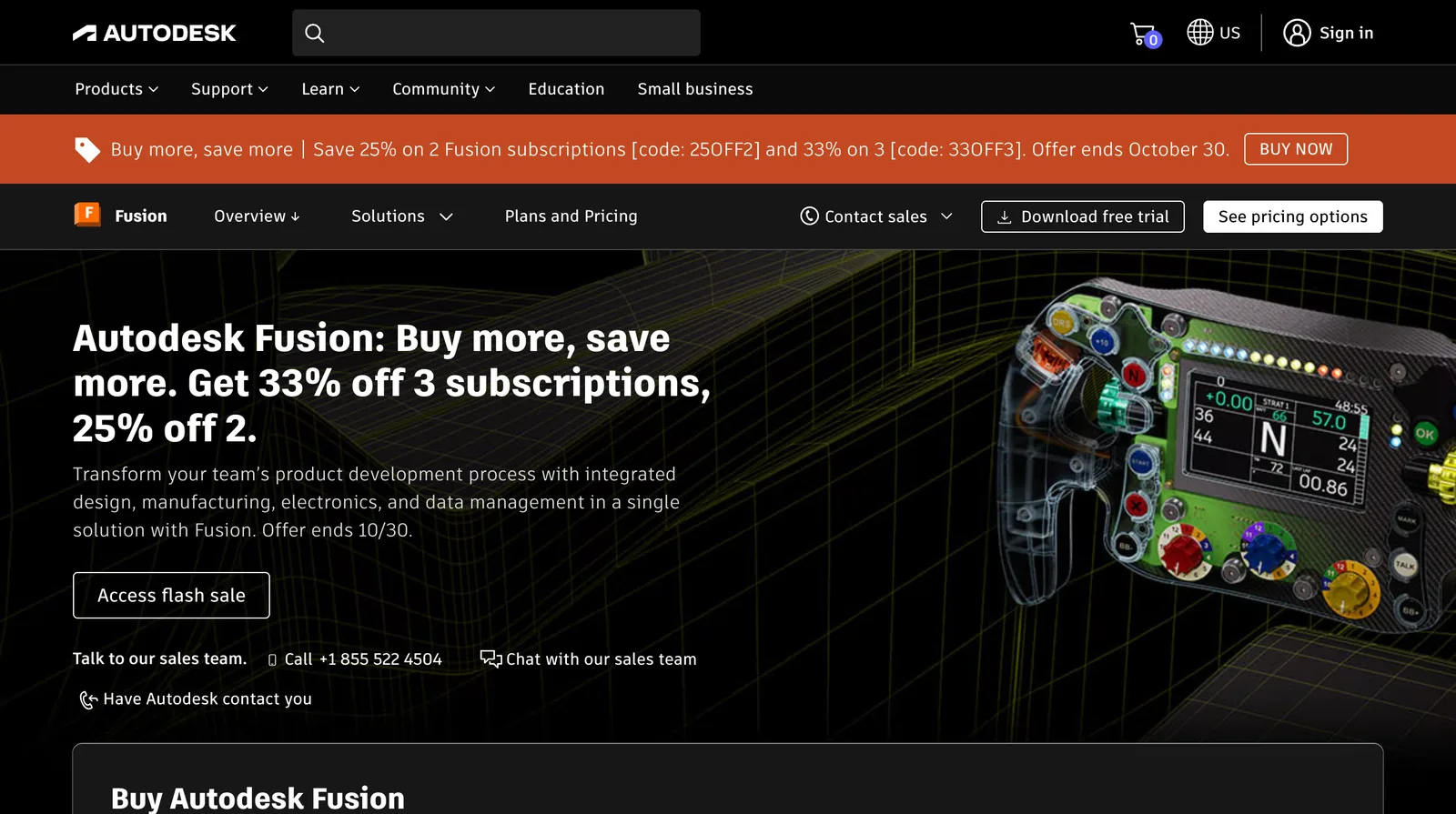 Autodesk Fusion overview page with a multi-seat discount banner and a render of a racing steering wheel