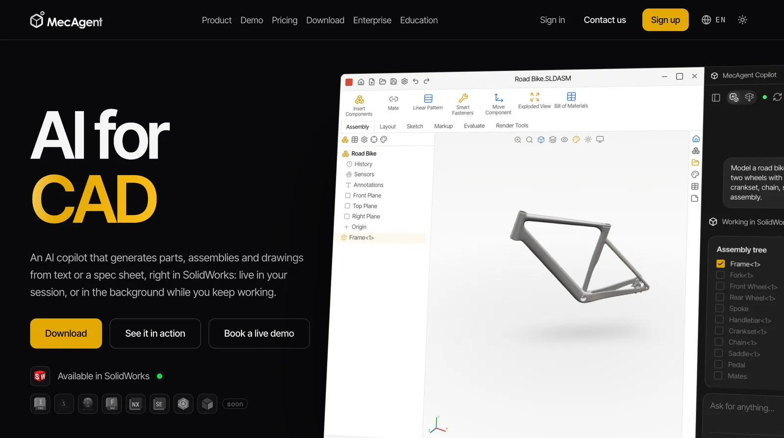 MecAgent homepage: "AI for CAD. An AI copilot that generates parts, assemblies and drawings from text or a spec sheet, right in SolidWorks", next to a SolidWorks window with a bike frame model