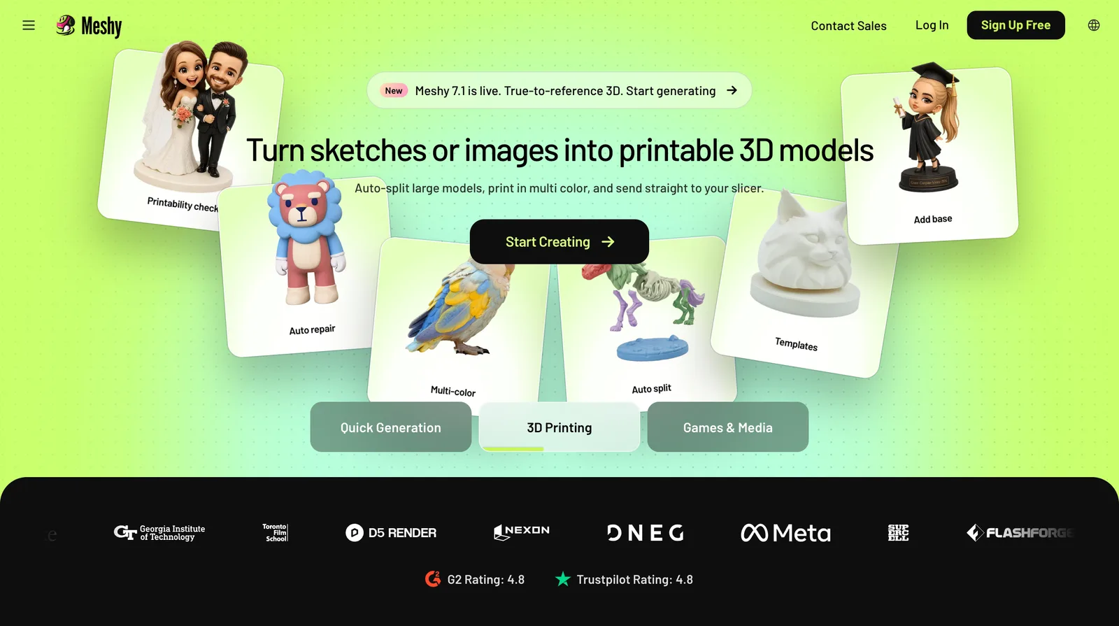 Meshy homepage: "Turn sketches or images into printable 3D models", surrounded by 3D-printed figurines
