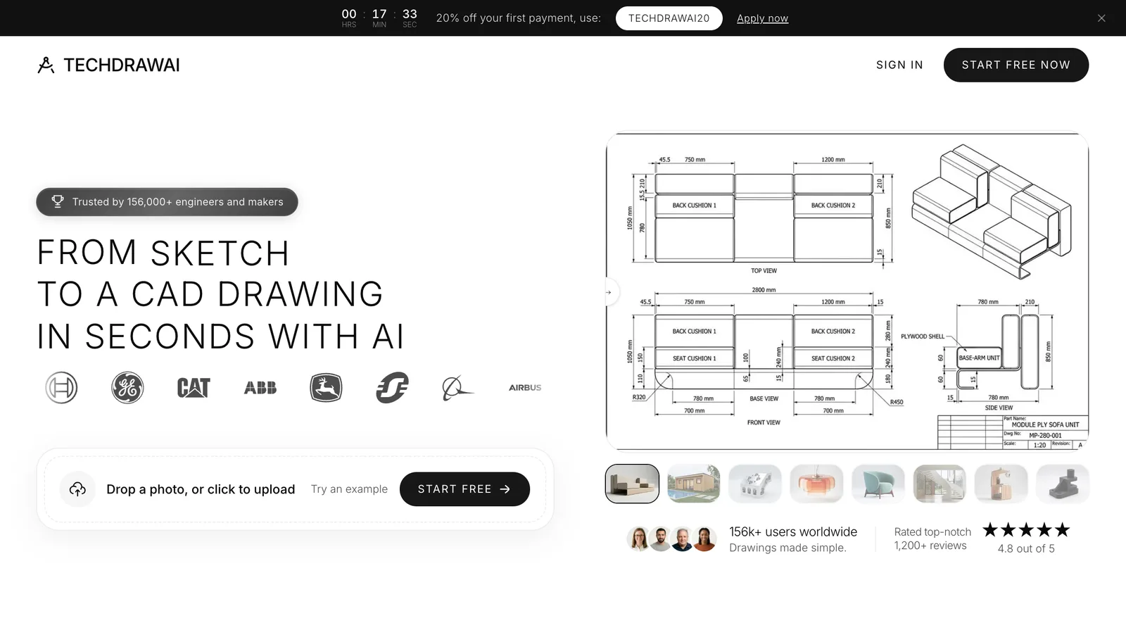 TechDraw AI homepage: "From sketch to a CAD drawing in seconds with AI", a photo upload box, and a dimensioned multi-view drawing of a sofa with top, front and side views