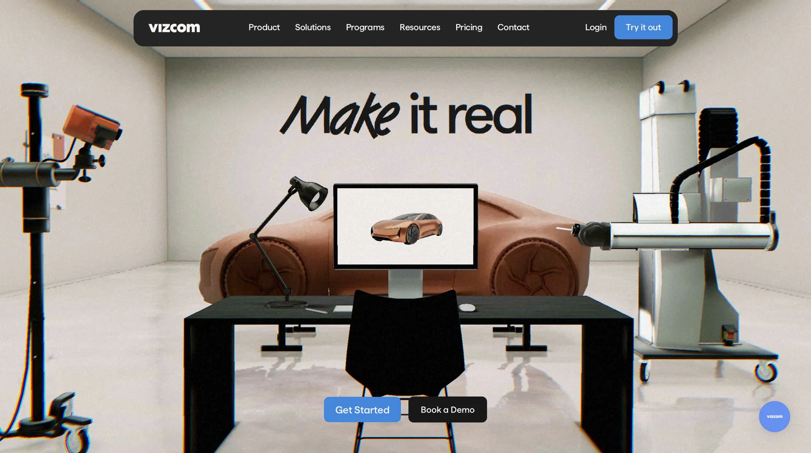 Vizcom homepage: "Make it real", with a design studio scene and a clay car model