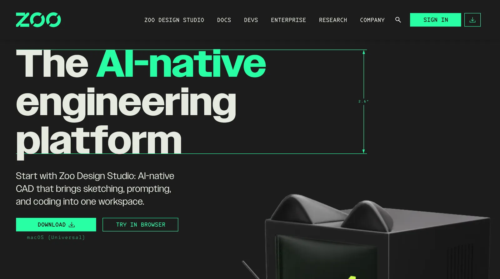Zoo homepage: "The AI-native engineering platform", with Download and Try in browser buttons for Zoo Design Studio