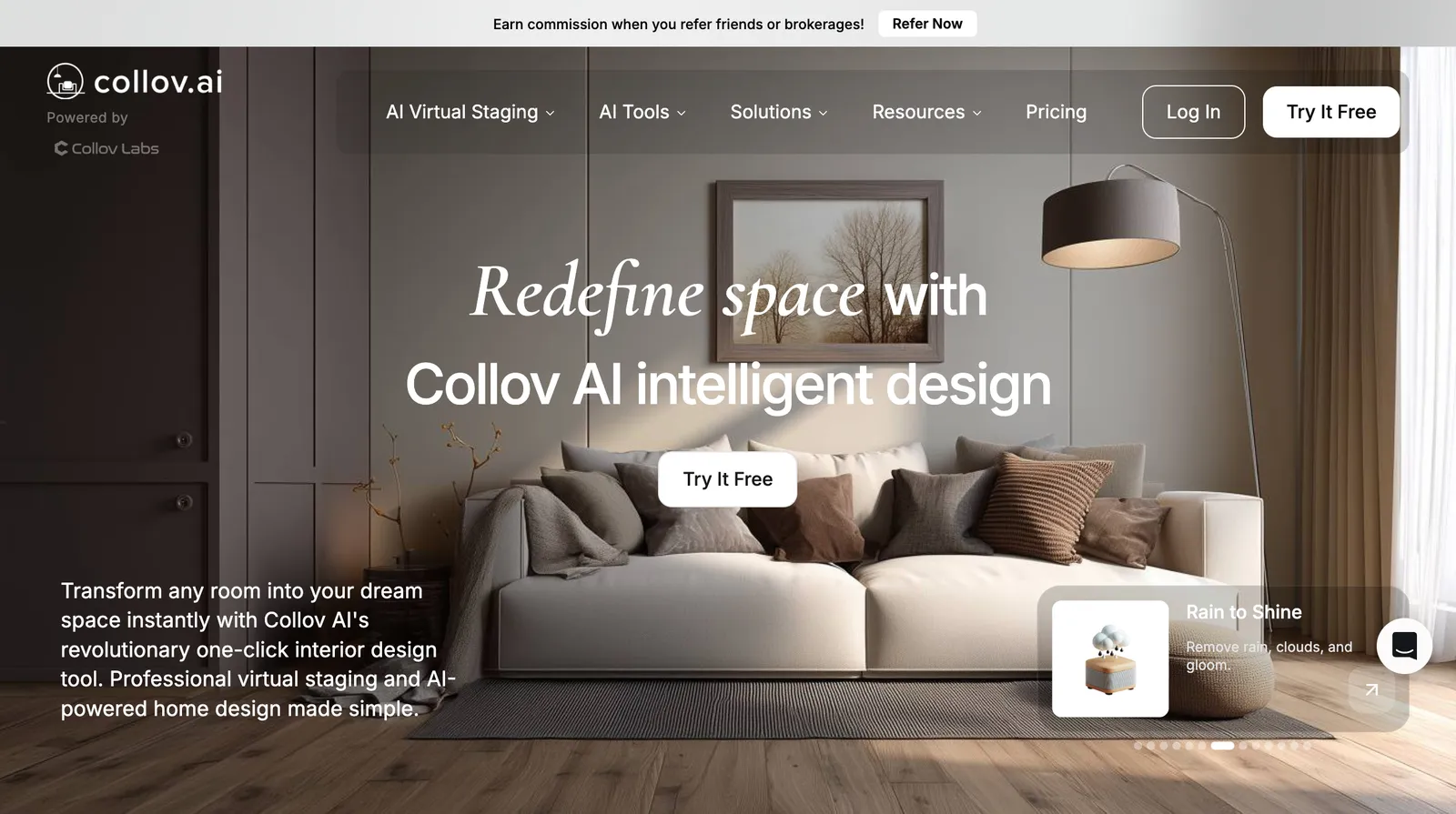 Collov AI homepage: "Redefine space with Collov AI intelligent design", over a staged living room