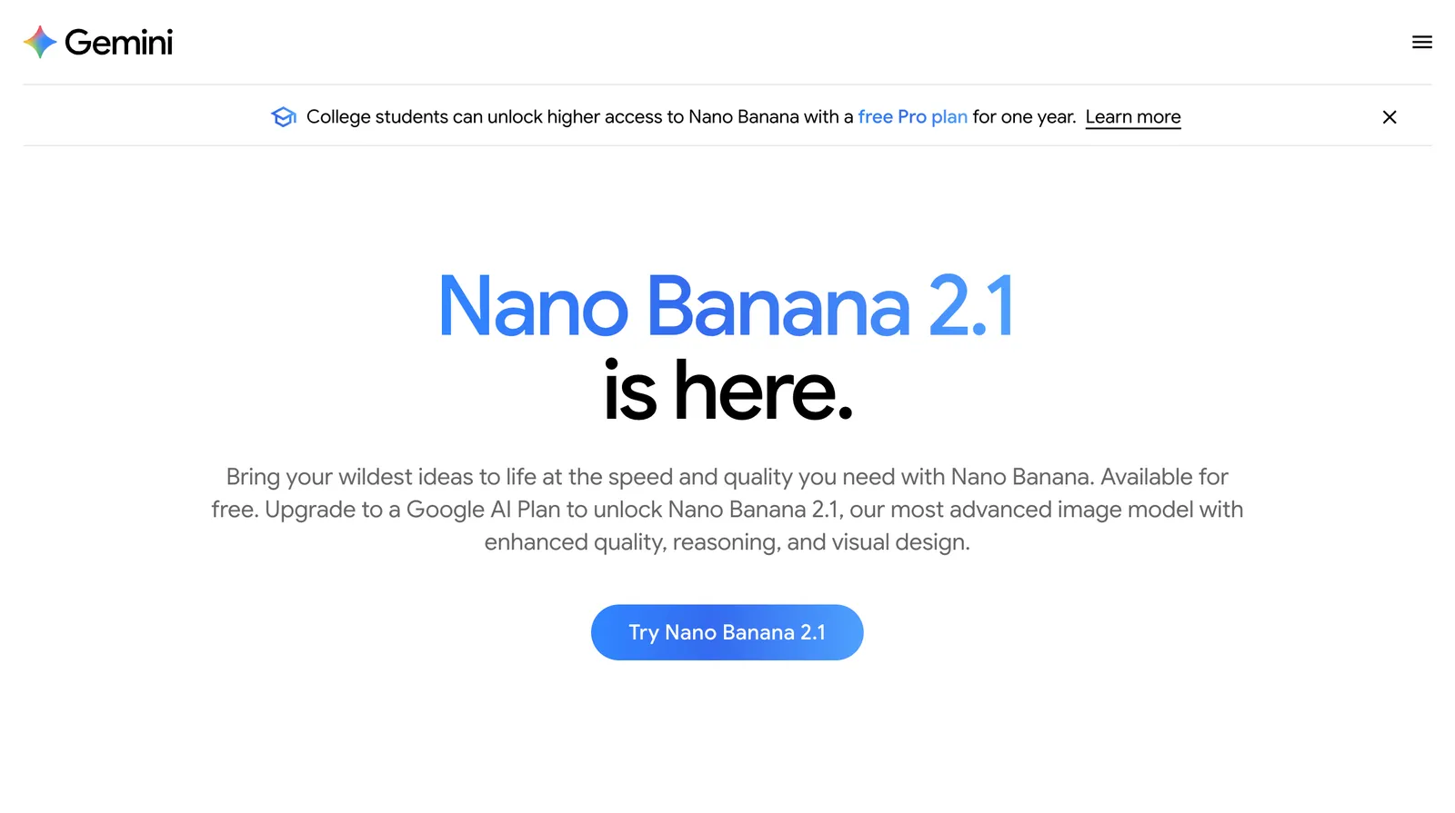 Google Gemini image generation page: "Nano Banana 2.1 is here", with a Try Nano Banana button