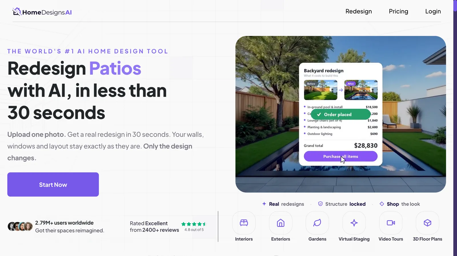 HomeDesigns AI homepage: "Redesign patios with AI in less than 30 seconds", with a backyard before-and-after and a shoppable item list