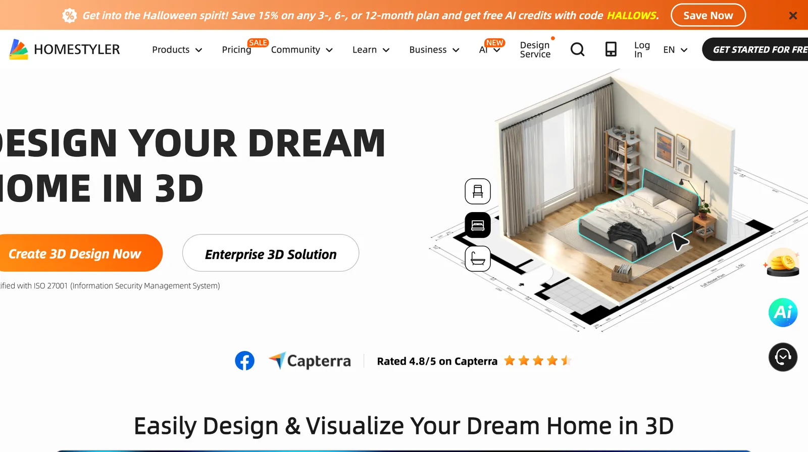 Homestyler homepage: "Design your dream home in 3D", with a 3D floor-plan render of a bedroom
