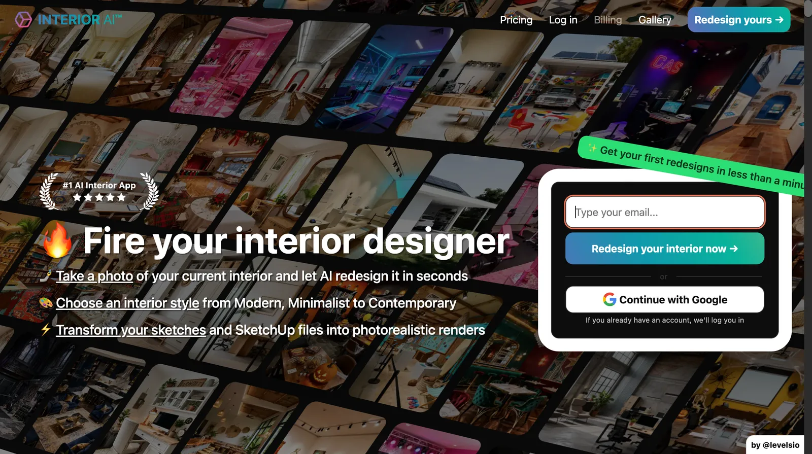 Interior AI homepage: "Fire your interior designer" over a wall of AI room renders, with an email sign-up box
