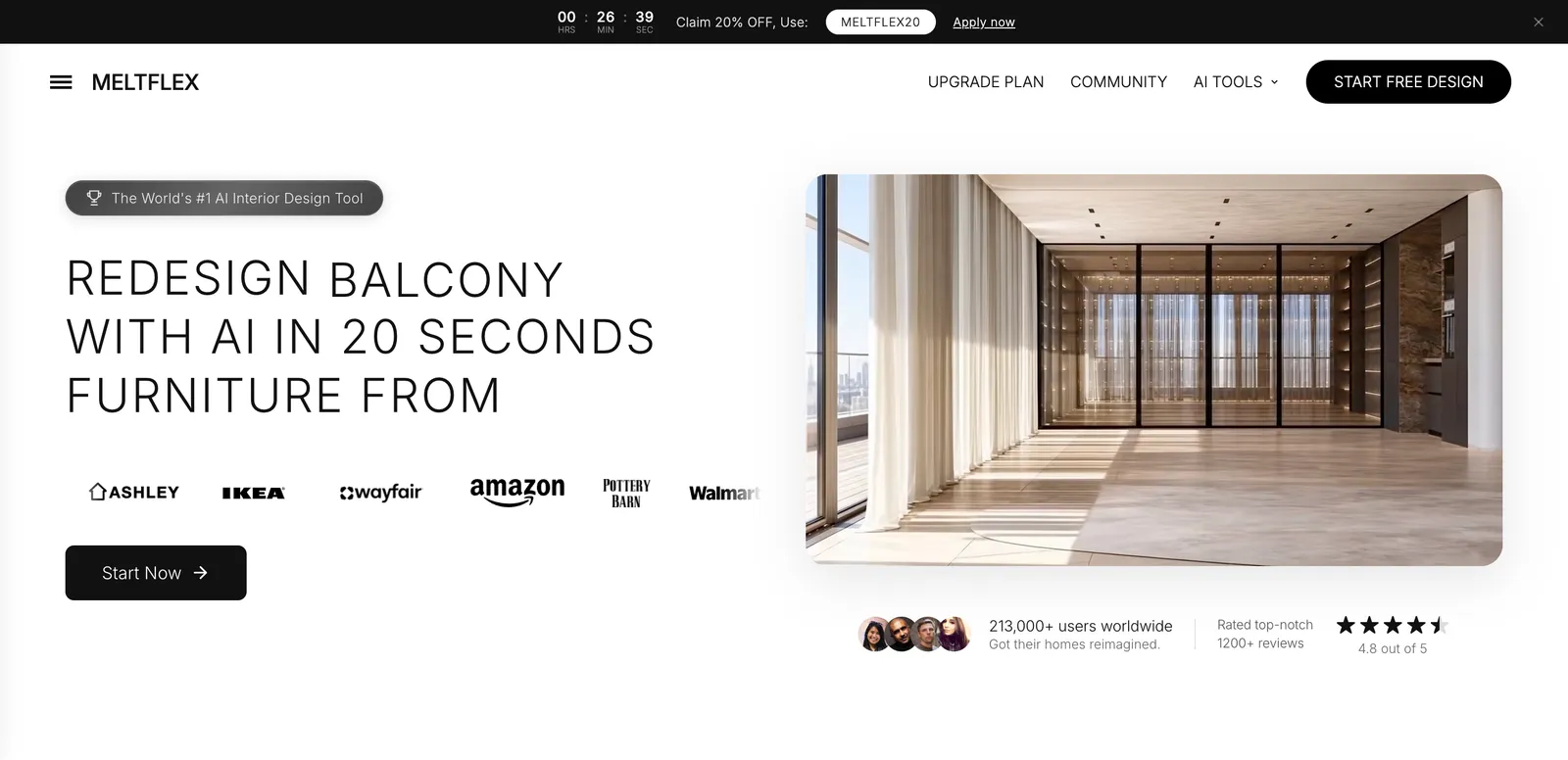 MeltFlex AI homepage: "Redesign living room with AI in 20 seconds, furniture from" IKEA, Wayfair, Amazon, Pottery Barn and Walmart, with a Start Now button and a render of a minimalist apartment