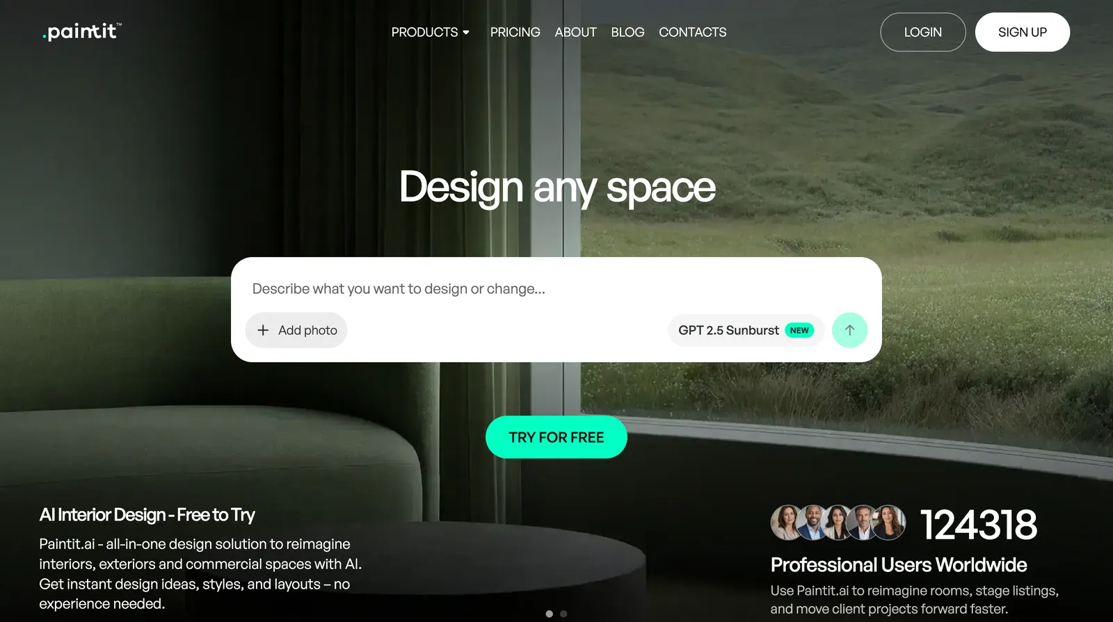 Paintit.ai homepage: "Design any space" with a chat box to describe a change and add a photo, and a Try for free button