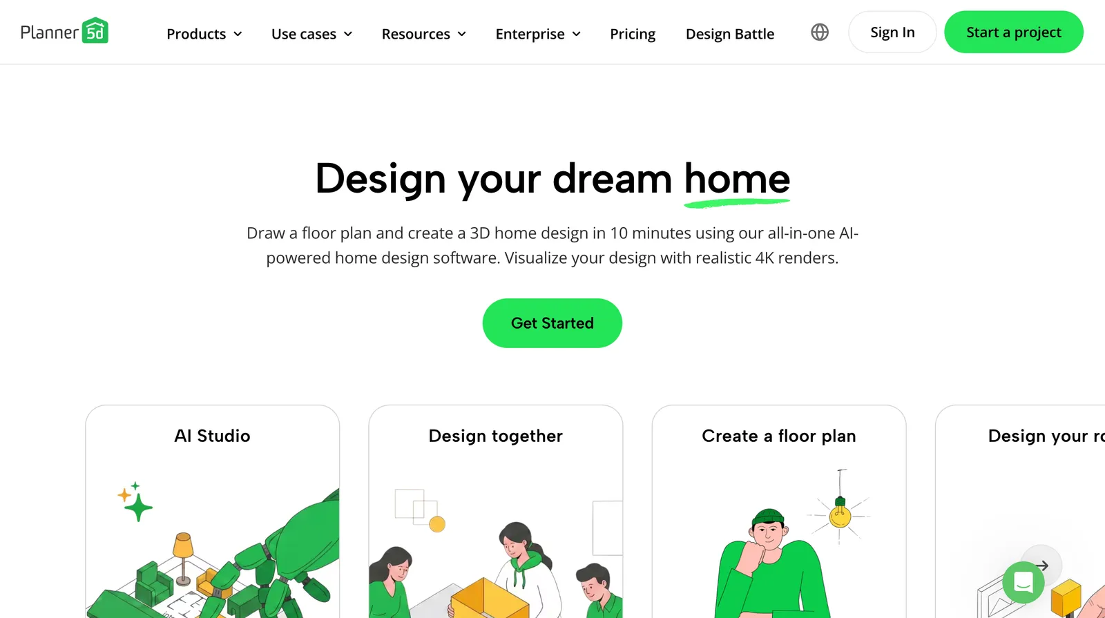Planner 5D homepage: "Design your dream home", with cards for AI Studio, Design together and Create a floor plan