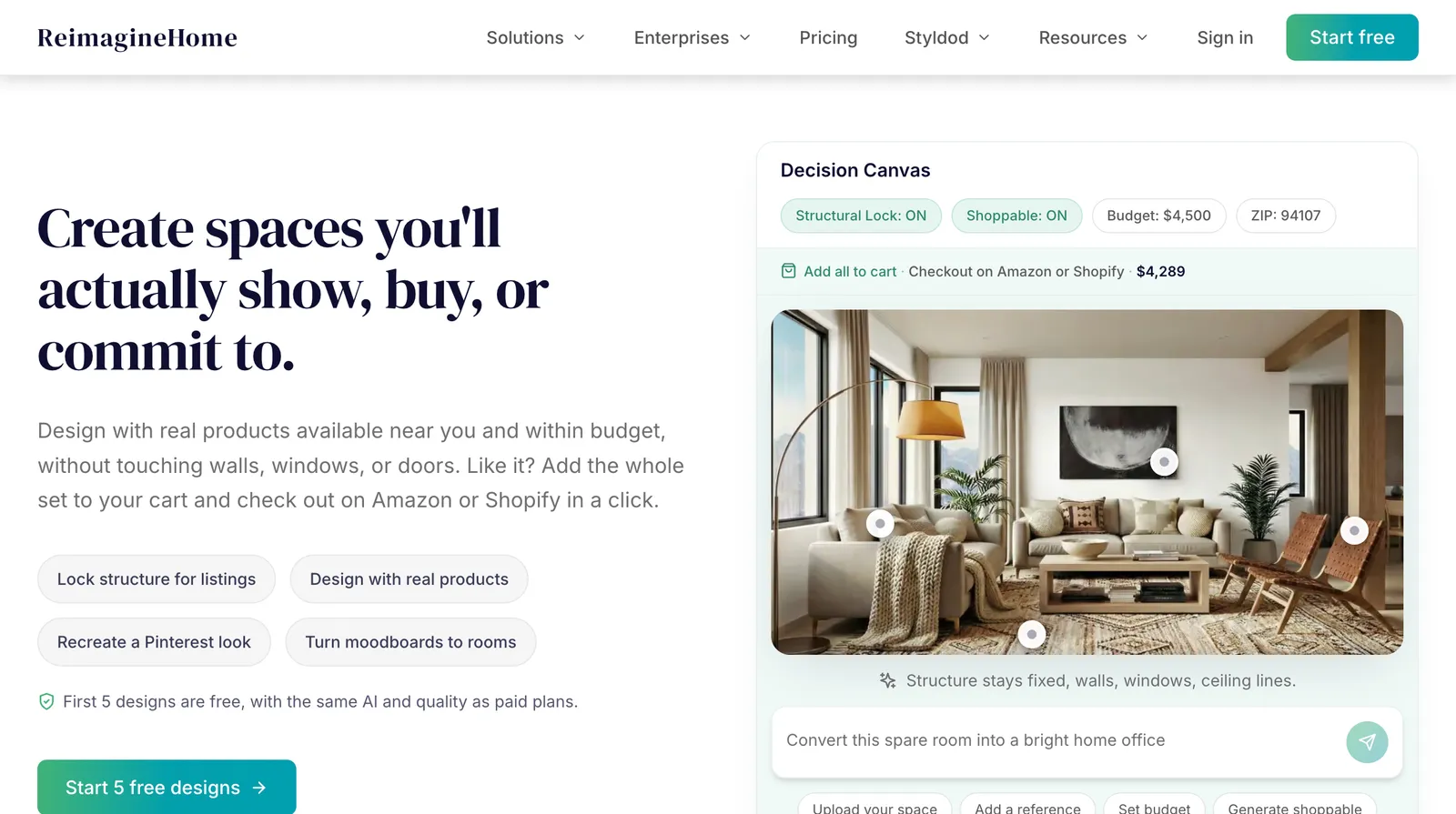 REimagineHome homepage: "Create spaces you’ll actually show, buy, or commit to", with a Decision Canvas showing Structural Lock and Shoppable toggles over a living room render