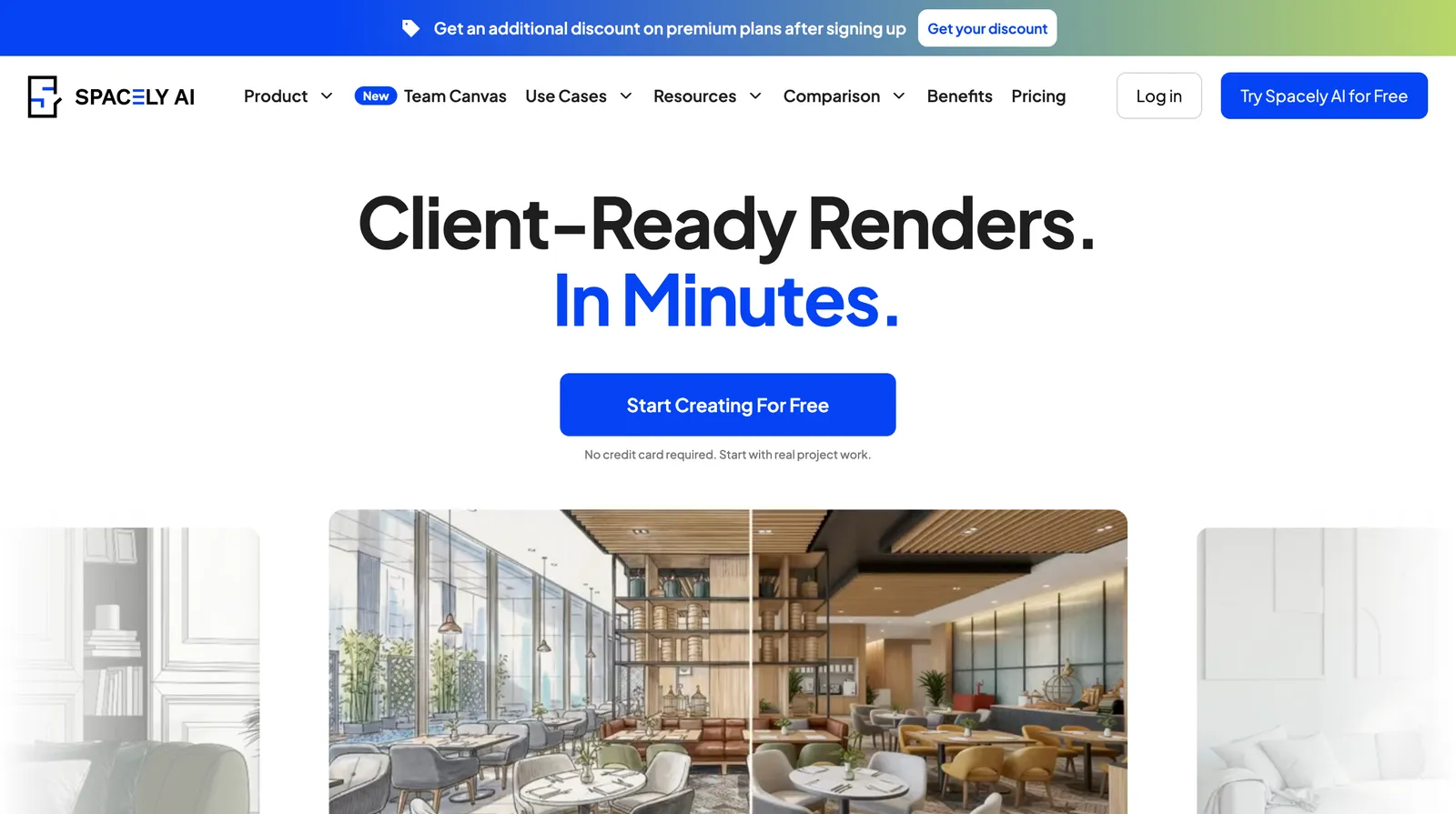Spacely AI homepage: "Client-ready renders. In minutes.", with a before-and-after of a restaurant interior