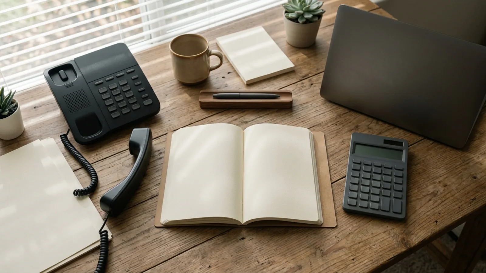 An overhead view of a small business desk with a desk phone off the hook, an open blank notebook, a calculator and a closed laptop in morning light