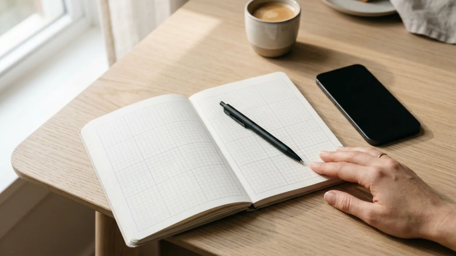 Ein offener, leerer Gitterplaner mit einem Stift und einem Smartphone auf einem hellen Holzschreibtisch in sanftem Morgenlicht, eine Hand ruht, als ob sie ein Datum bestätigt - Terminbuchung per Telefon
