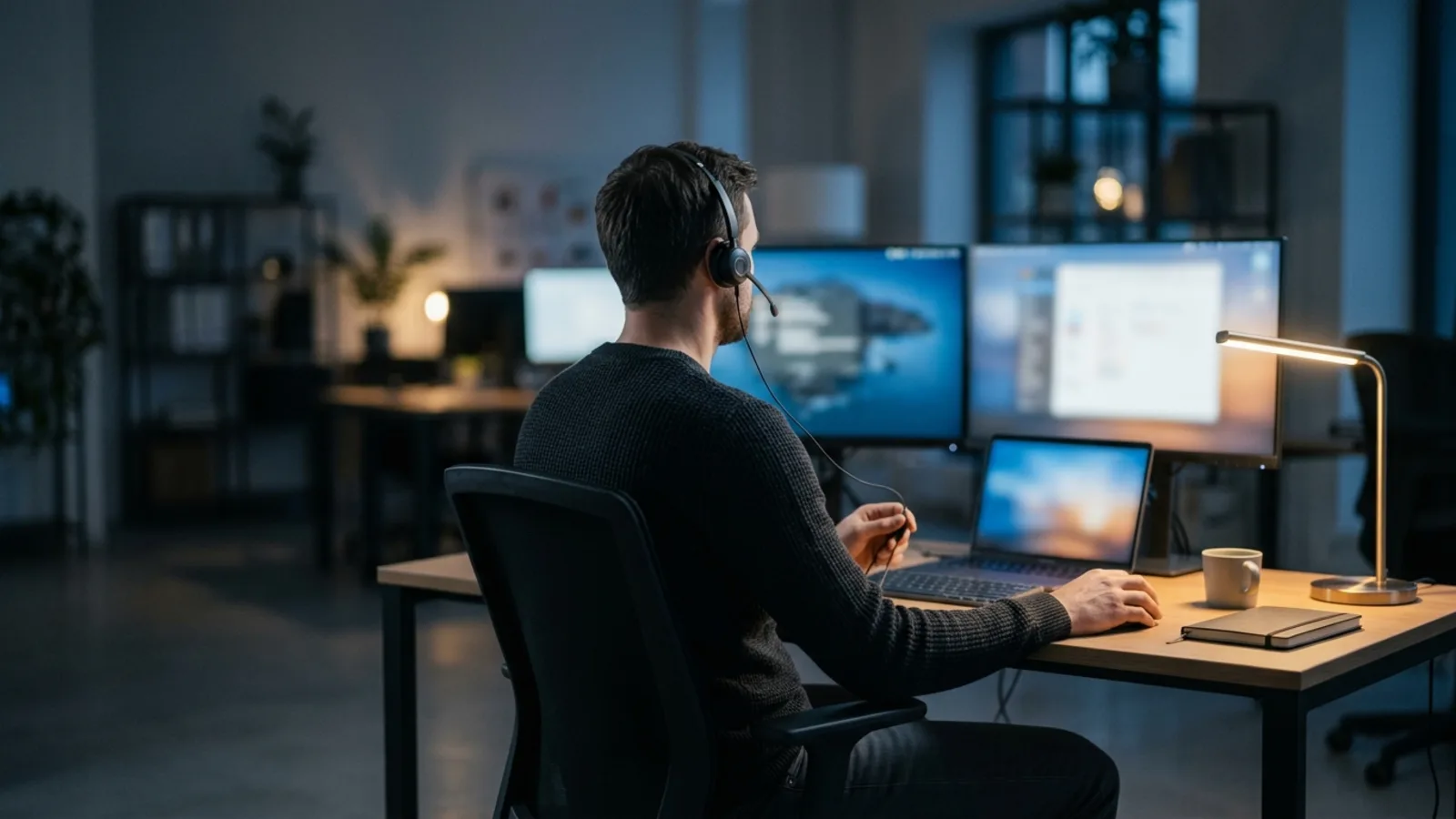 Ein ruhiger IT-Supporttechniker mit Headset an einem aufgeräumten Schreibtisch mit leicht unscharfen Monitoren im blauen Licht, konzentriert während eines Anrufs - KI-Telefonassistent für IT-Unternehmen und MSPs