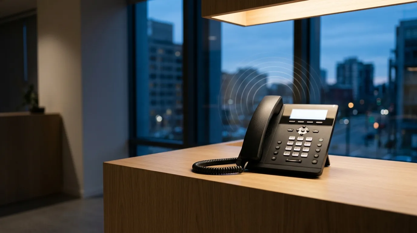 A modern desk phone glowing on a reception desk at dusk with sound waves radiating from it, suggesting an always-on 24/7 answering service
