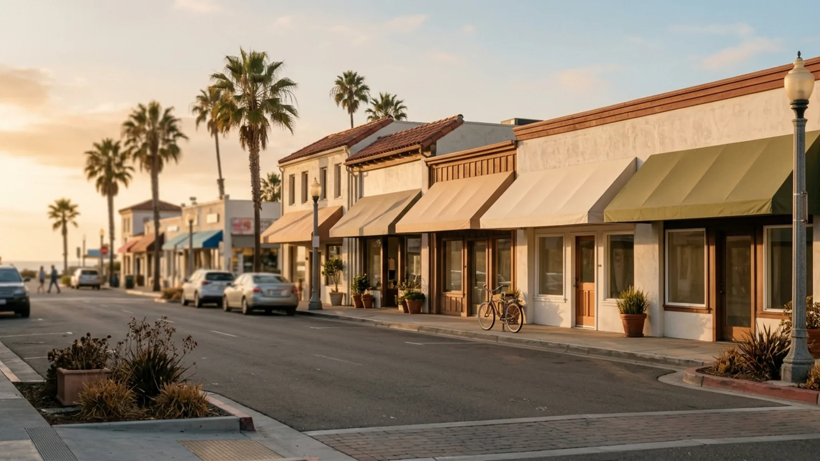 A sunlit Southern California coastal main street at golden hour with palm trees and small low-rise storefronts - local Orange County small businesses