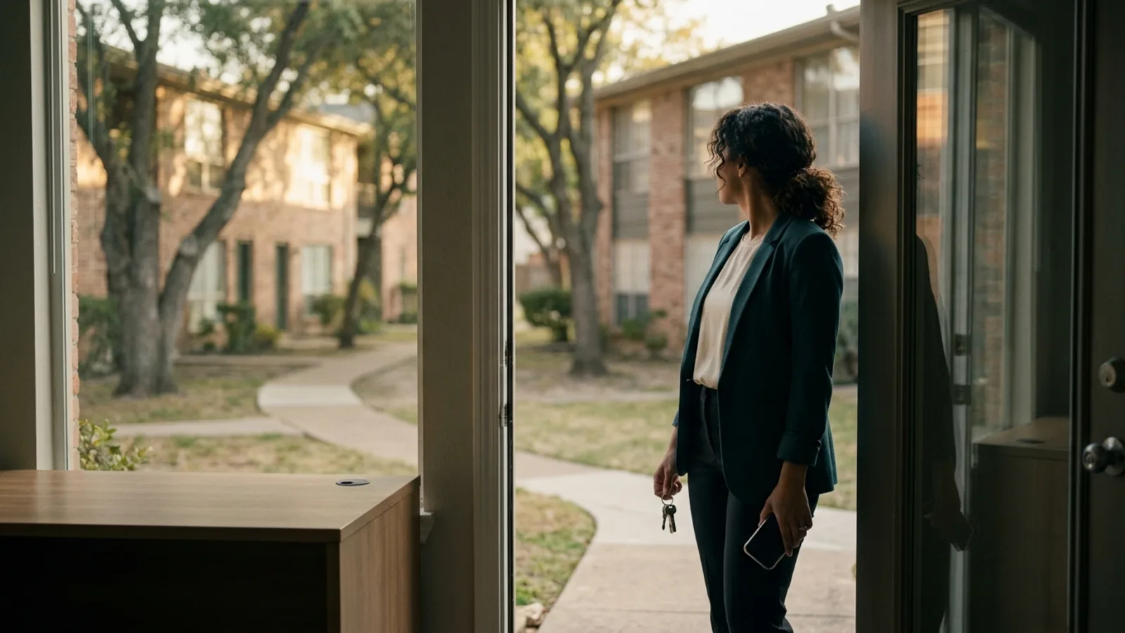 A property manager standing in the doorway of a small leasing office looking out over an apartment courtyard in late afternoon light, phone in one hand and keys in the other