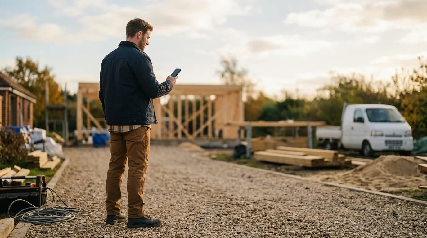 Ein Handwerker auf einer Baustelle, der bei warmem Nachmittagslicht auf einen Telefonanruf blickt