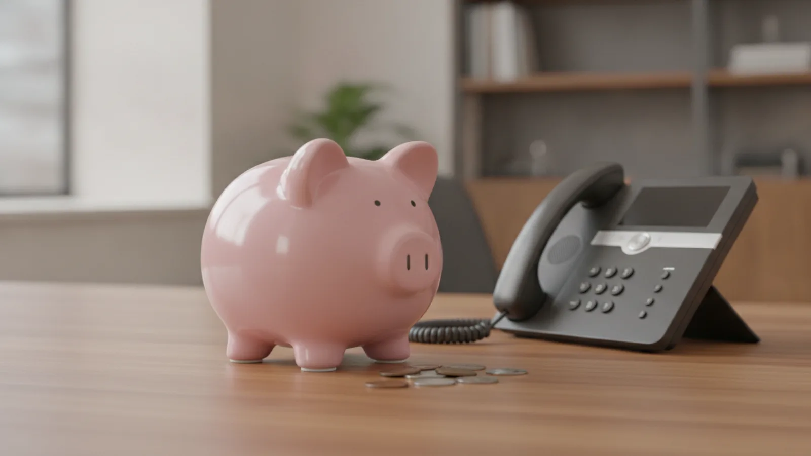 A piggy bank and scattered coins next to a modern desk phone on an office desk - weighing what an answering service costs each month