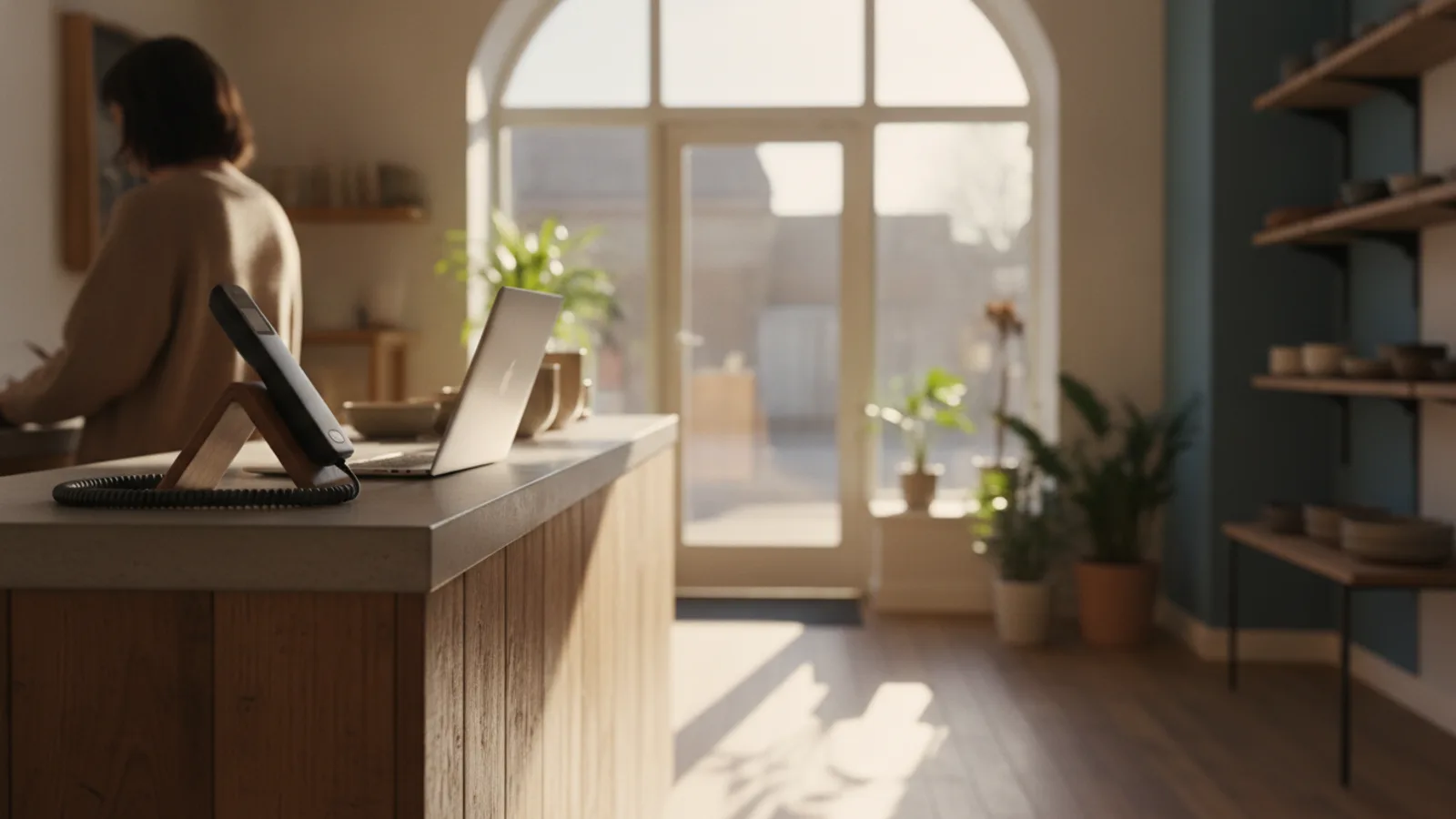 Ein Empfangstresen eines Kleinunternehmens im warmen Morgenlicht, mit einem Telefon und einem geöffneten Laptop, die auf die Anrufe des Tages warten