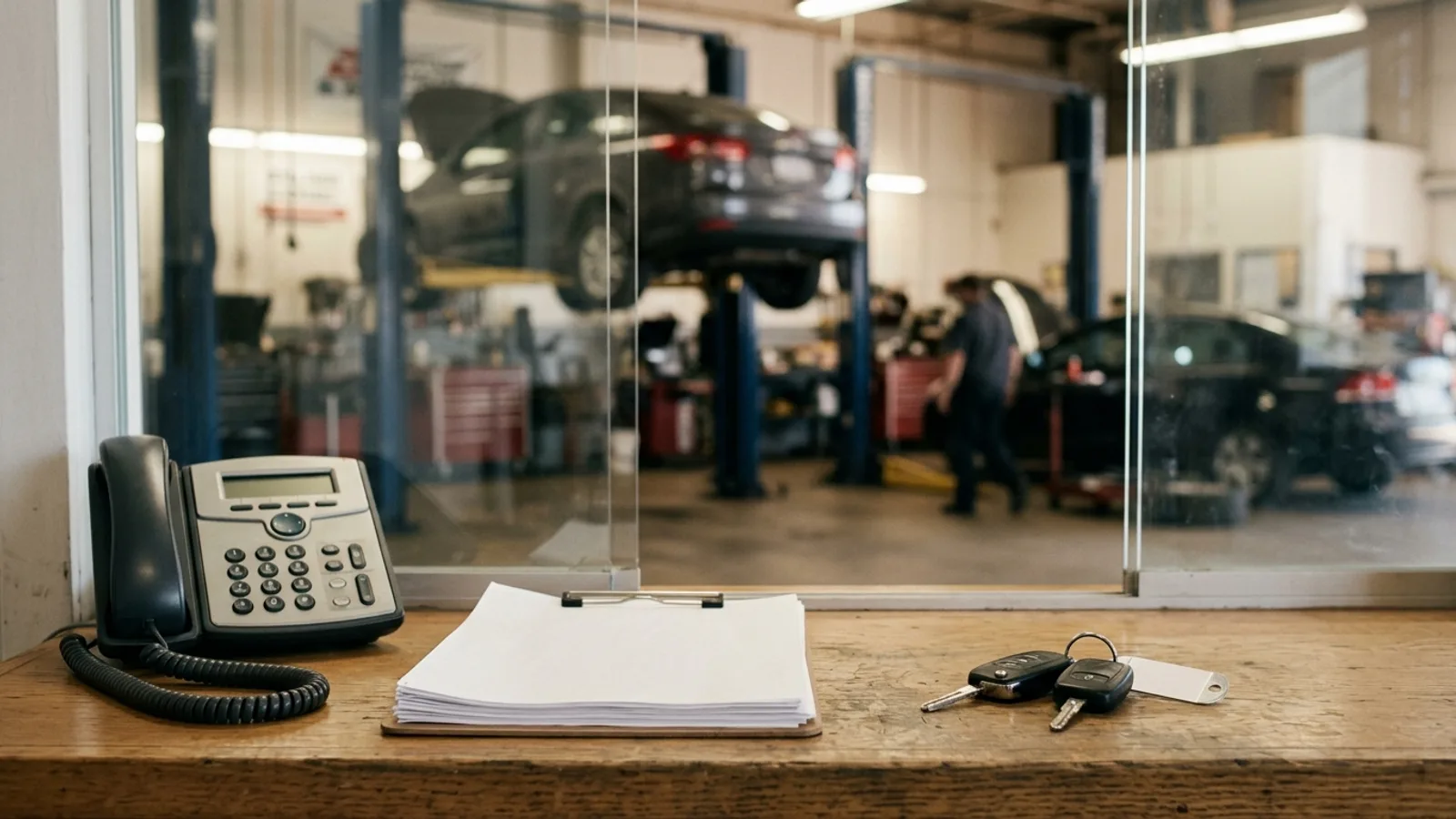 A service advisor's counter in an auto repair shop with a ringing desk phone, a stack of repair orders and a set of keys, the workshop bays visible and busy behind the glass
