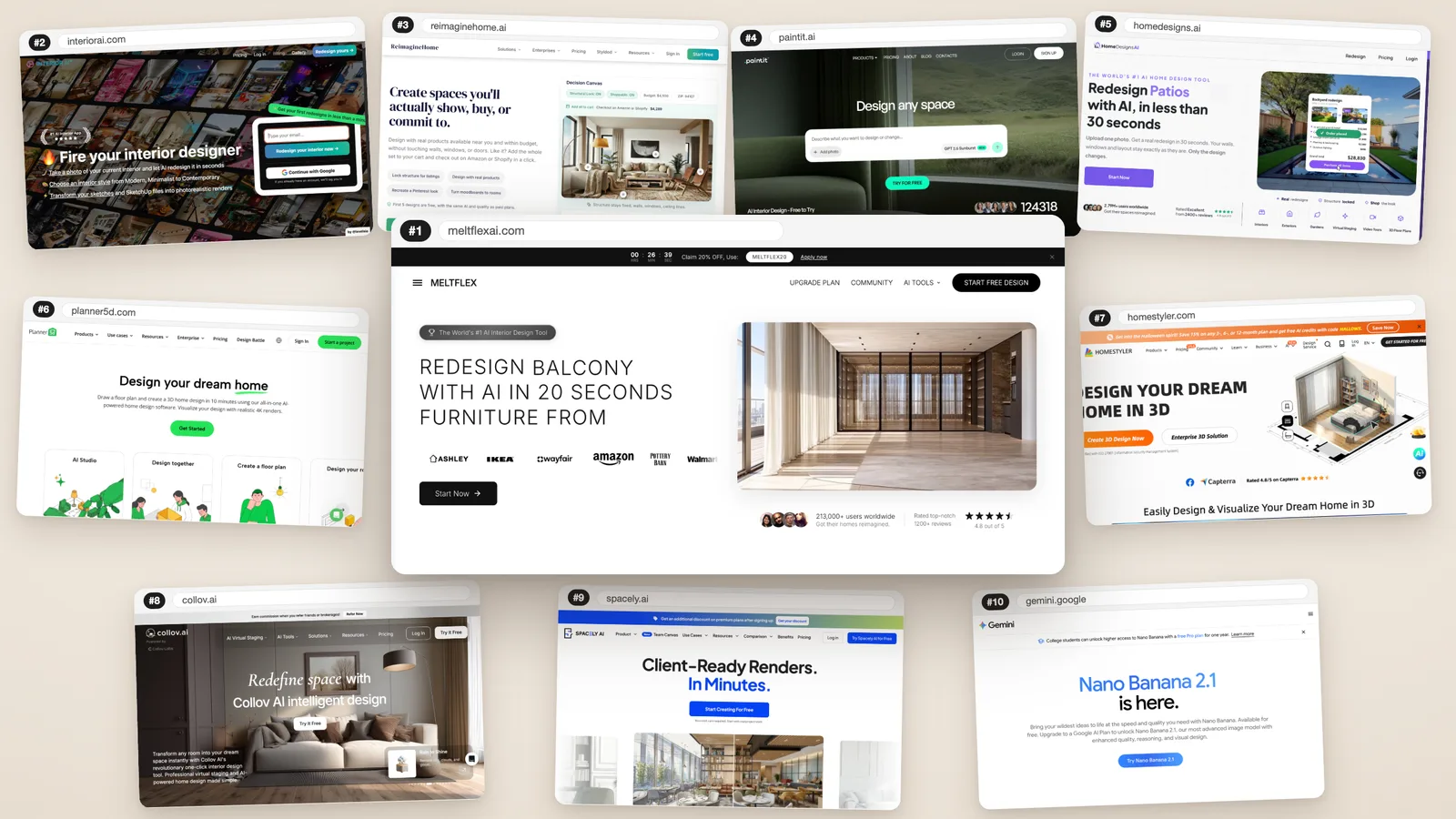 A collage of the homepages of the ten AI interior design tools in this ranking, each in a browser window numbered by rank, with MeltFlex AI large in the centre as number one