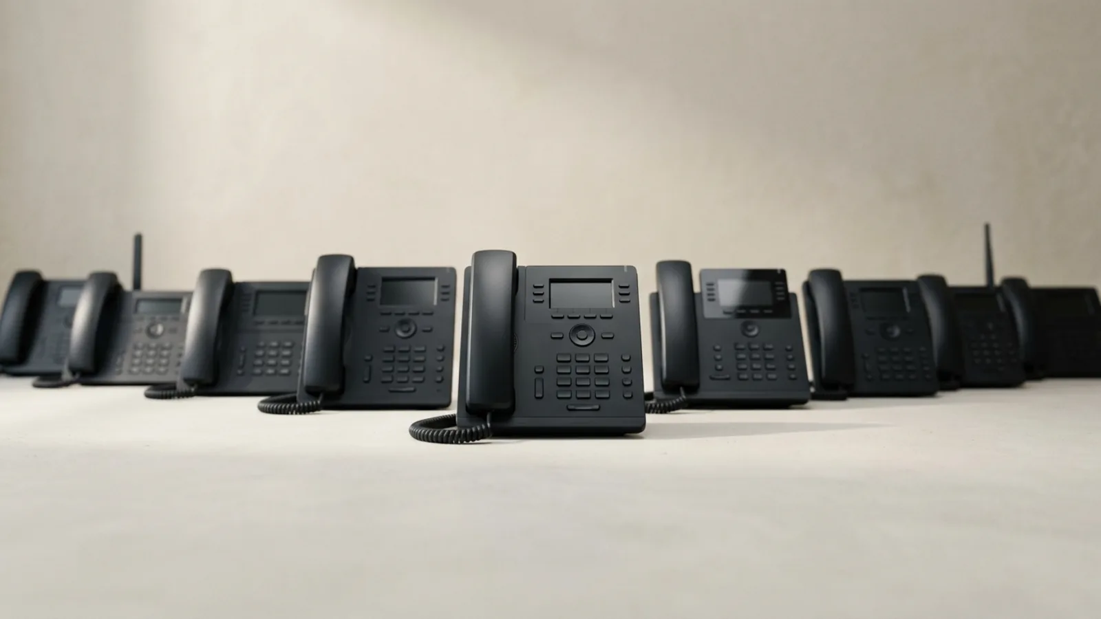 Eine Reihe matter, schwarzer Tischtelefone auf einer hellen Studiooberfläche, eines sanft beleuchtet und nach vorne gestellt, als ob es aus der Reihe gewählt wurde - Vergleich von KI-Telefonassistenten und Telefonbeantwortungsoptionen