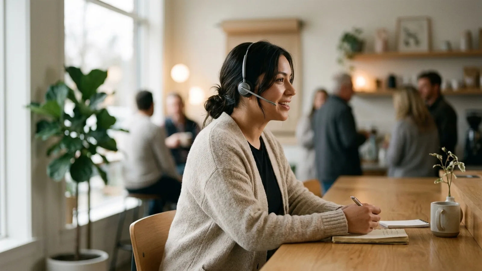 Eine freundliche Empfangsdame mit Headset, lächelnd inmitten eines Gesprächs an einem hellen, einladenden Empfangstresen eines lokalen Unternehmens