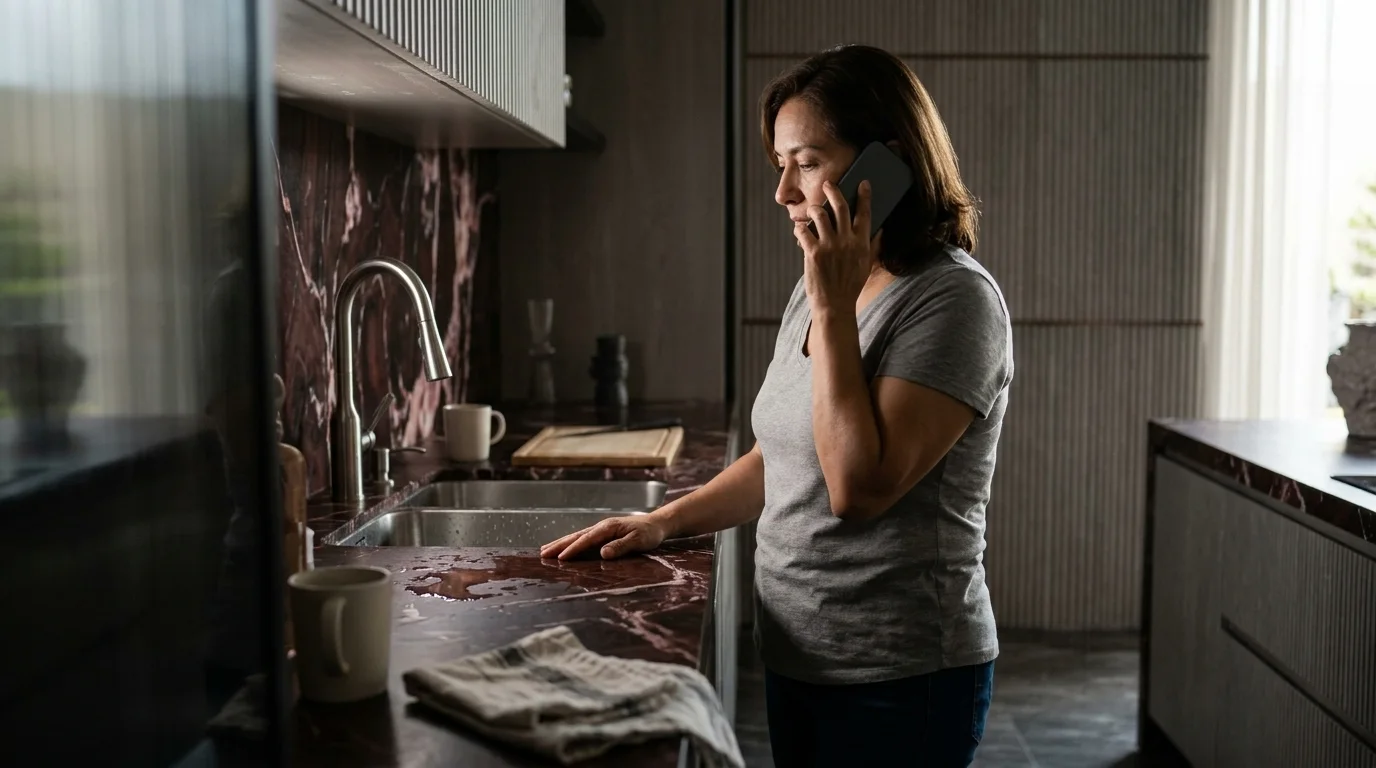 A woman standing at a kitchen counter holding a phone to her ear and listening, her other hand resting on the worktop beside a puddle of water next to the sink and a folded towel