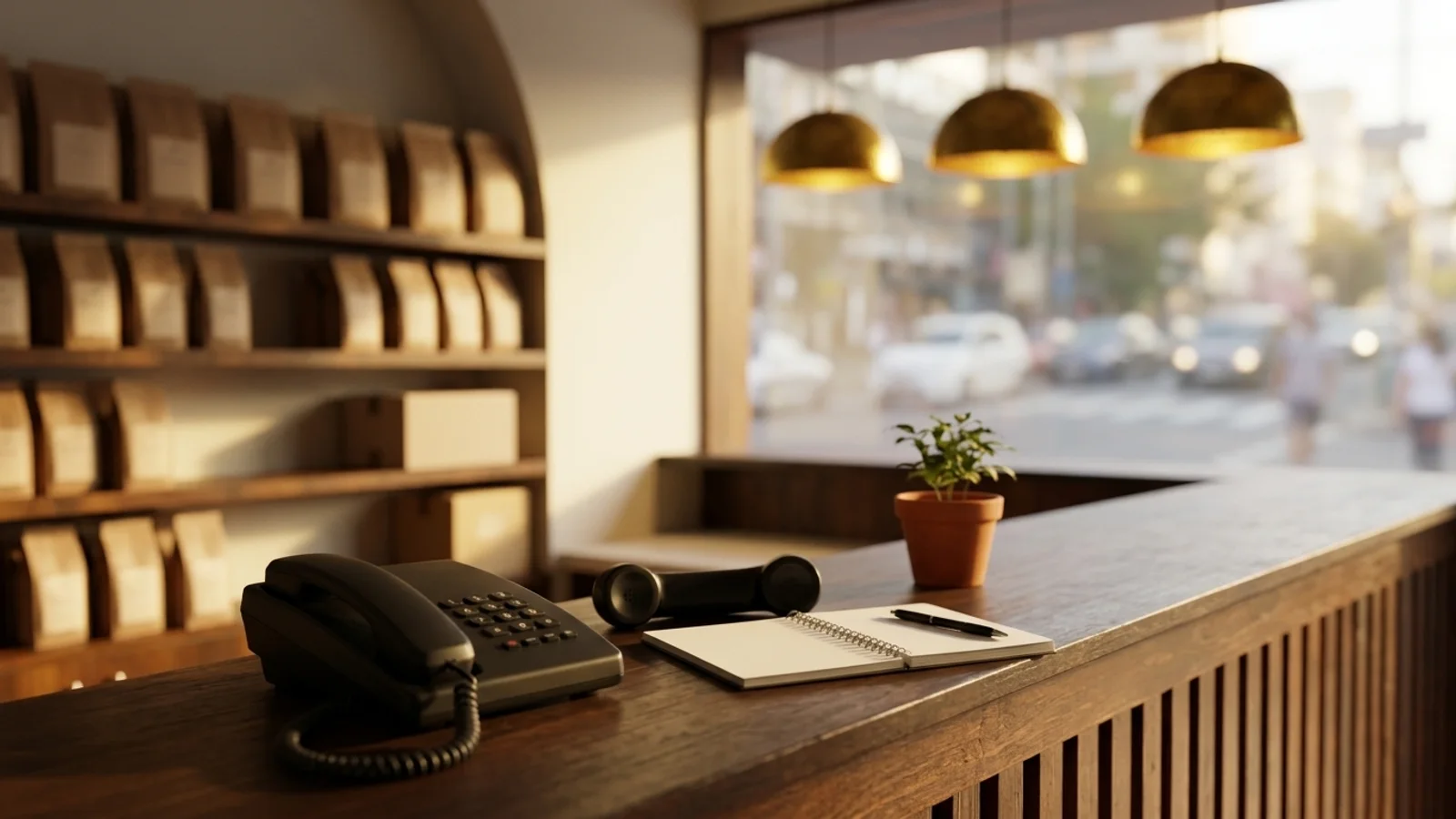 The wooden front counter of a small neighborhood shop in warm afternoon light, a desk phone with its handset lying off the hook beside an open blank notepad, a sunlit city street blurred through the window