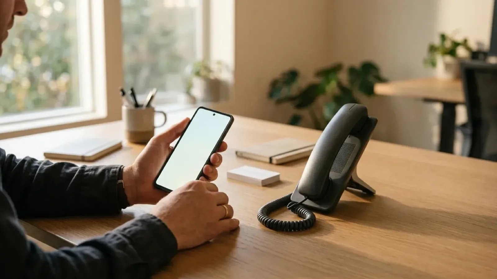 Hände halten ein Smartphone auf einem Schreibtisch eines Kleinunternehmens neben einem Tischtelefonhörer in warmem Nachmittagslicht