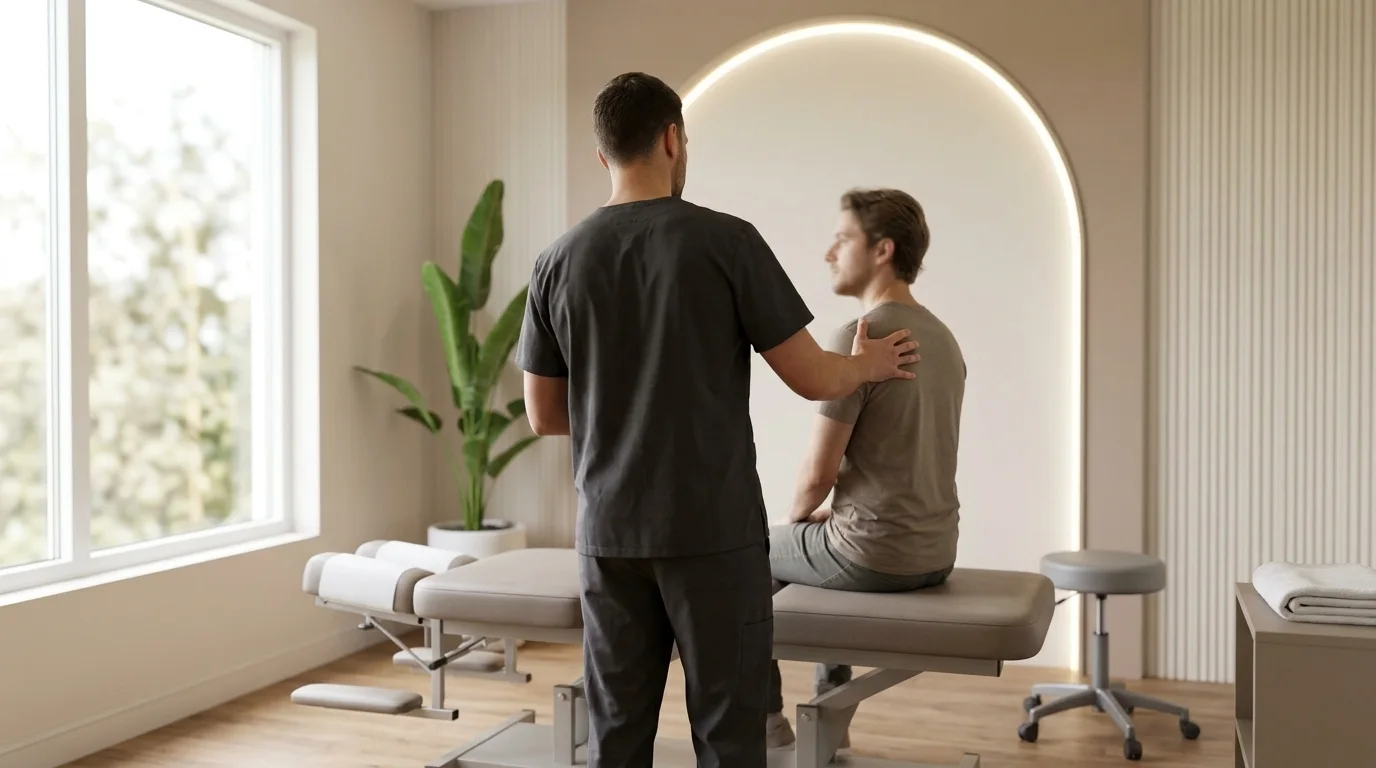 A chiropractor in dark scrubs seen from behind, standing beside a patient who sits on the edge of a treatment table, one hand on the patient's shoulder as they talk, in a bright room with a large window