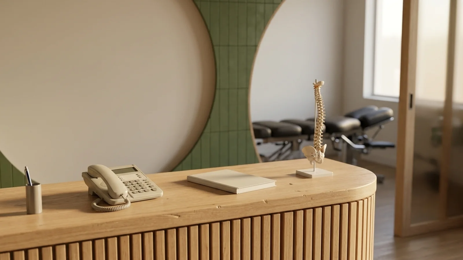 An empty chiropractic clinic front desk in soft daylight, with a desk phone, a closed appointment book and a small spine model on a rounded wooden counter, adjusting tables visible in the room behind
