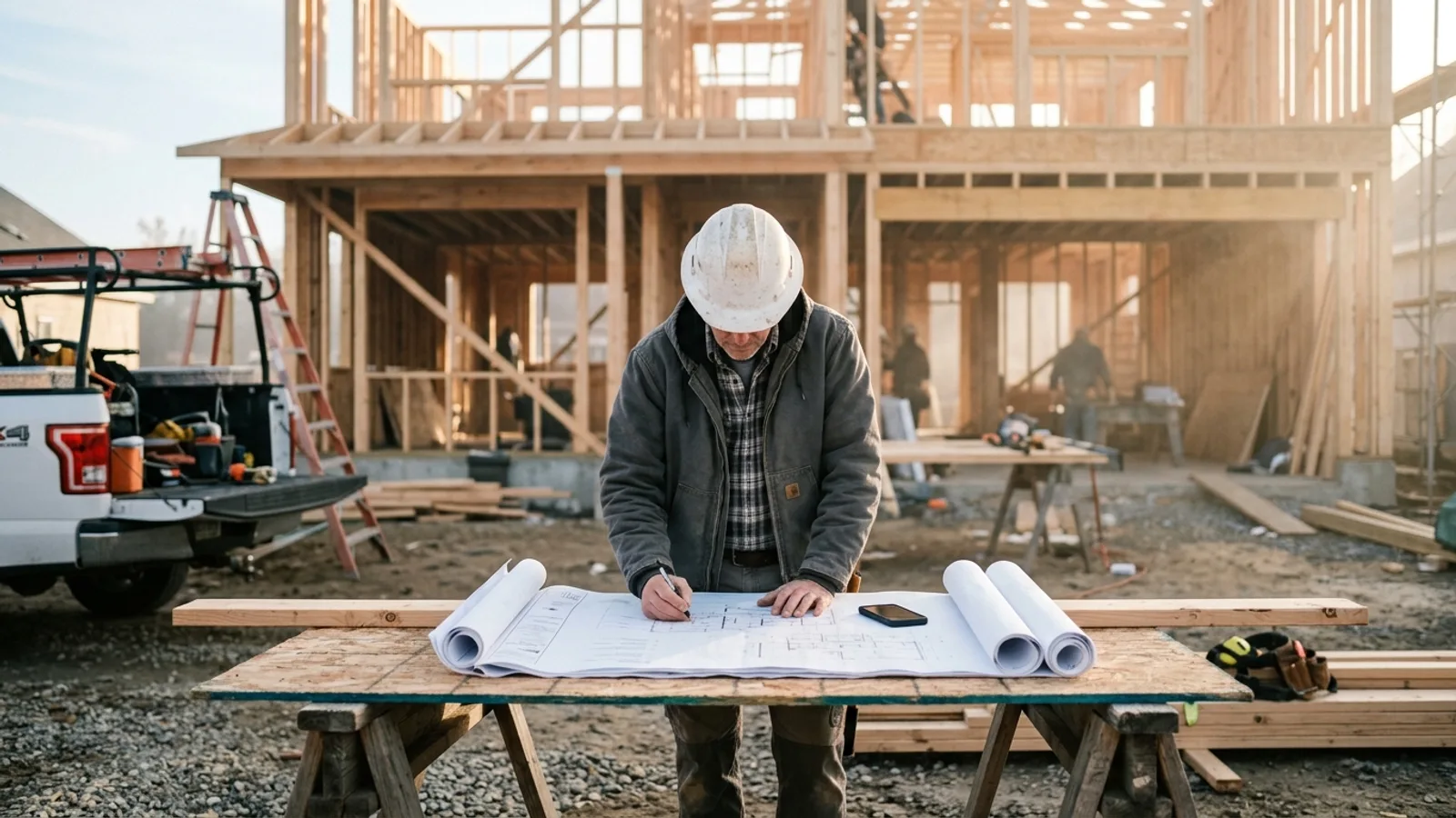 Ein Bauunternehmer mit Schutzhelm prüft Pläne auf einer Baustelle mit Gerüst und einem Arbeitsfahrzeug im Hintergrund