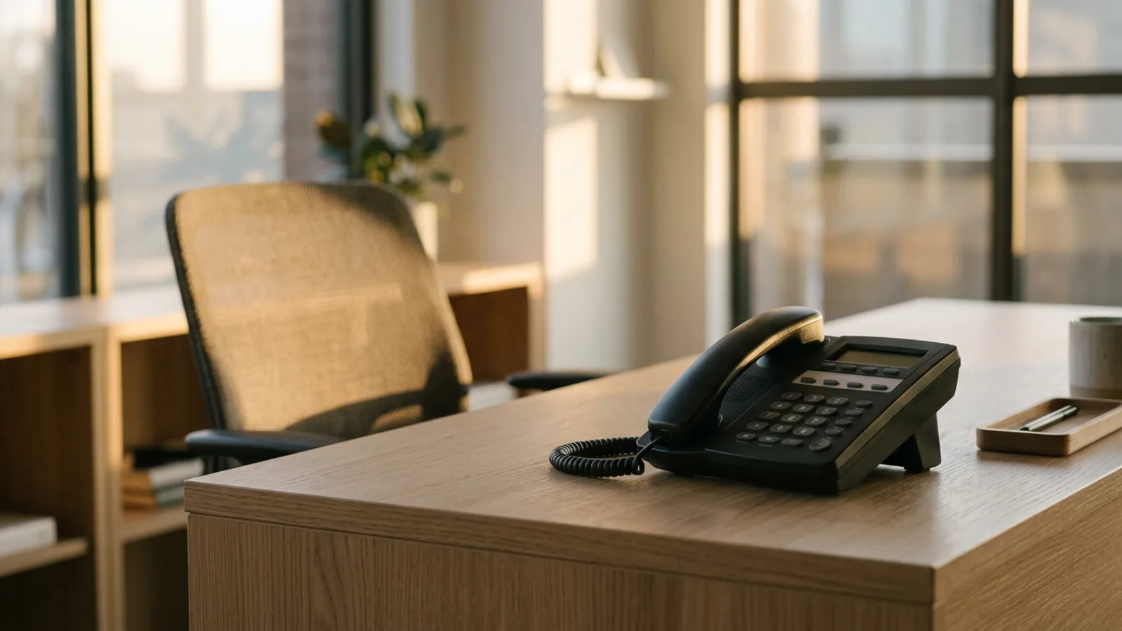 A matte-black desk phone sitting unanswered on a small-business reception desk beside an empty chair in warm end-of-day light