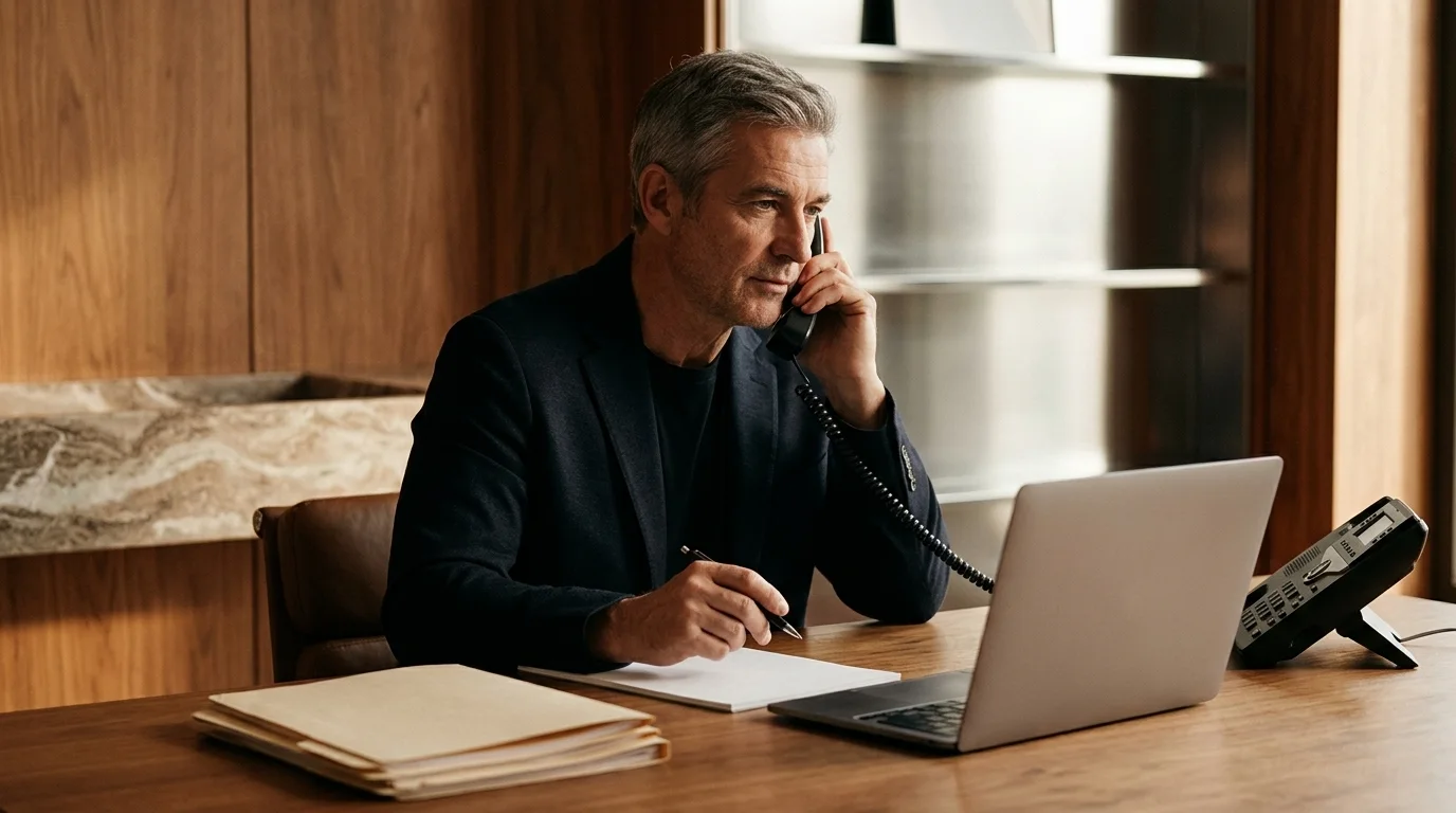An accountant in his fifties at a wooden desk in a warm private office, holding a desk-phone handset to his ear and a pen above a blank notepad