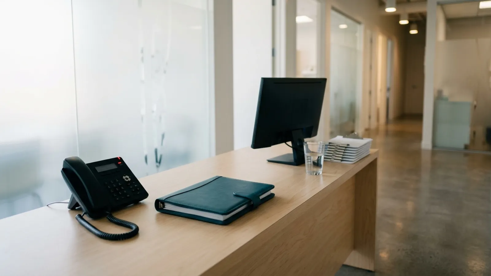 An empty dental practice reception counter at the start of the day, with a desk phone in its cradle, a closed appointment folder and the treatment corridor blurred behind