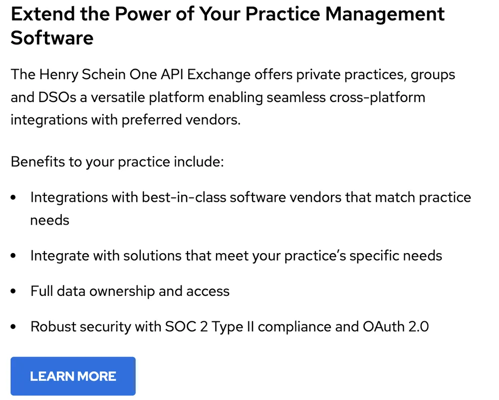 Henry Schein One's API Exchange page for dental practices, listing benefits including full data ownership and access and robust security with SOC 2 Type II compliance and OAuth 2.0
