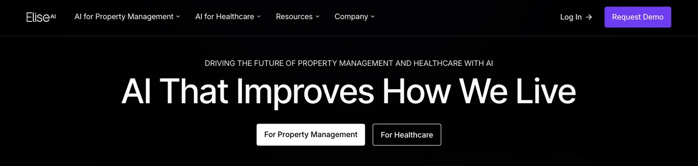 EliseAI's homepage, with navigation offering AI for Property Management and AI for Healthcare and a Request Demo button, and no pricing link