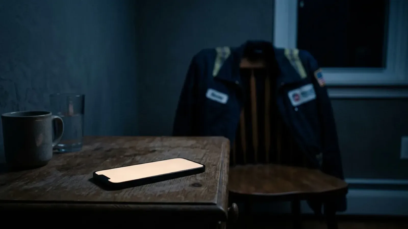 Ein leuchtendes Telefon auf einem Nachttisch in einem dunklen Raum bei Nacht, mit einer Arbeitsjacke einer Servicefirma auf einem Stuhl dahinter