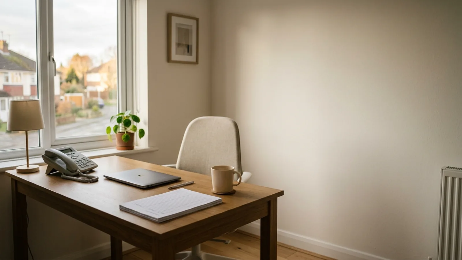 A small home care agency office in the early morning before staff arrive - desk phone, closed laptop, a notepad and a coffee cup by a window looking onto a quiet residential street