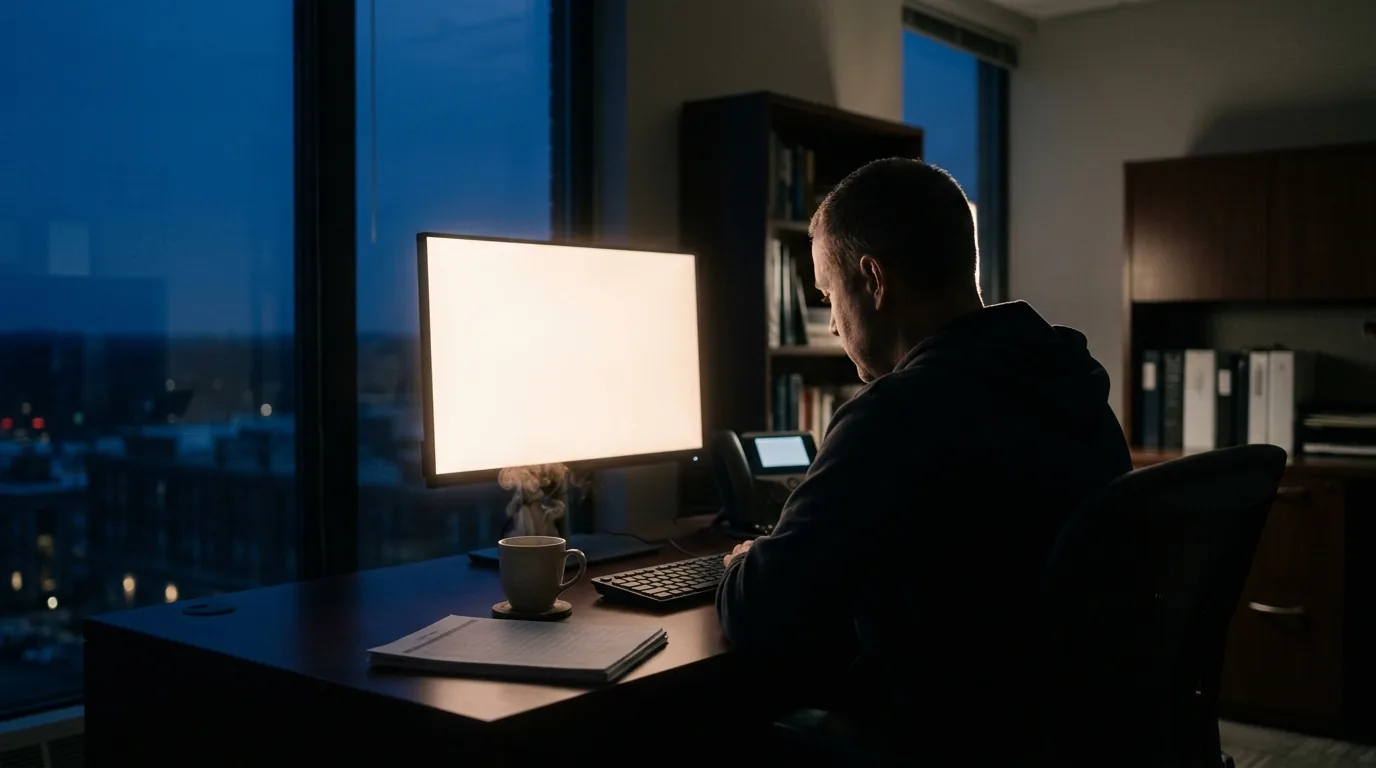 A person seen from behind at an office desk before dawn, silhouetted against a glowing monitor with a dark blue window beyond, a desk phone and a printed roster on the desk