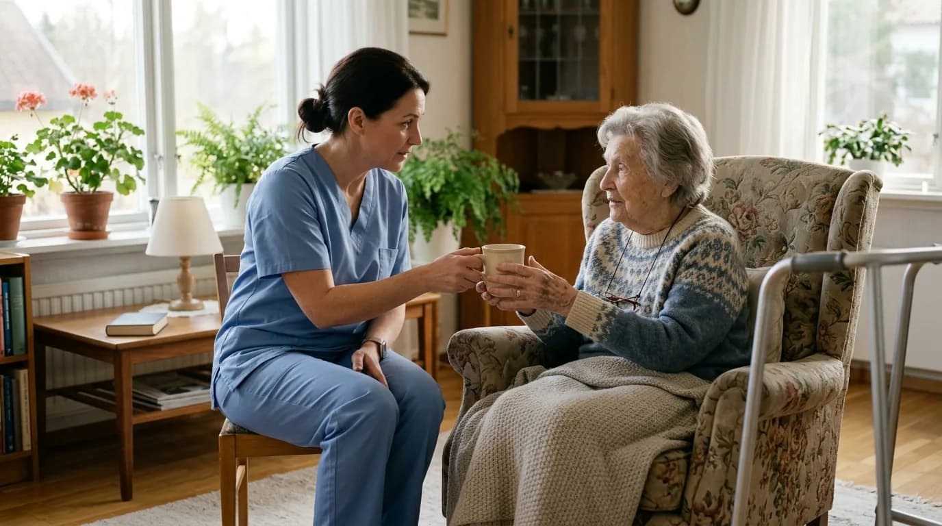 A caregiver in scrubs sitting beside an older woman in an armchair in a bright living room, handing her a mug, a walking frame nearby