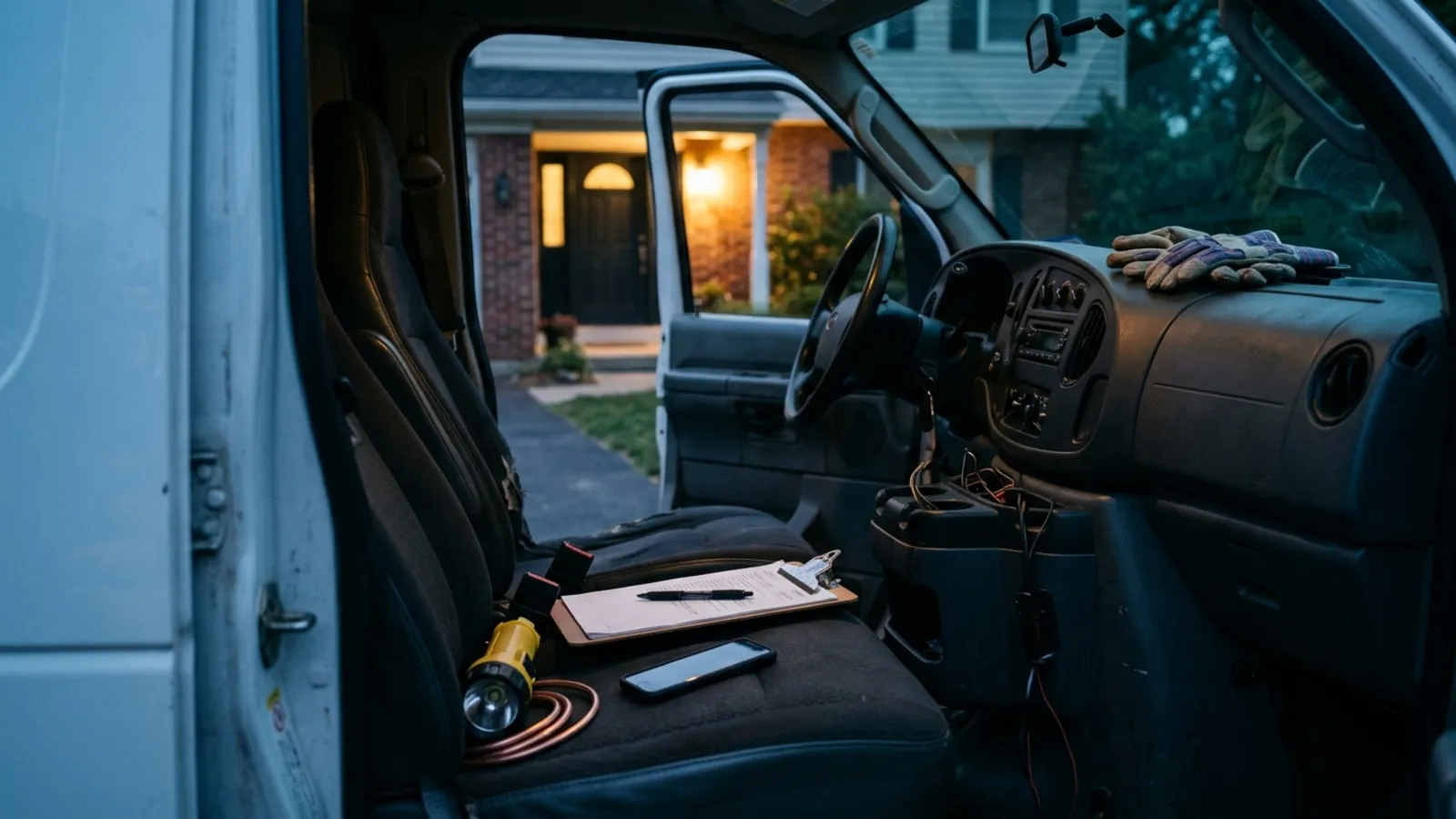 The cab of a service van at dusk outside a suburban house, seen through the open driver door, with a phone face-down on the seat, a clipboard, coiled copper pipe and work gloves on the dashboard